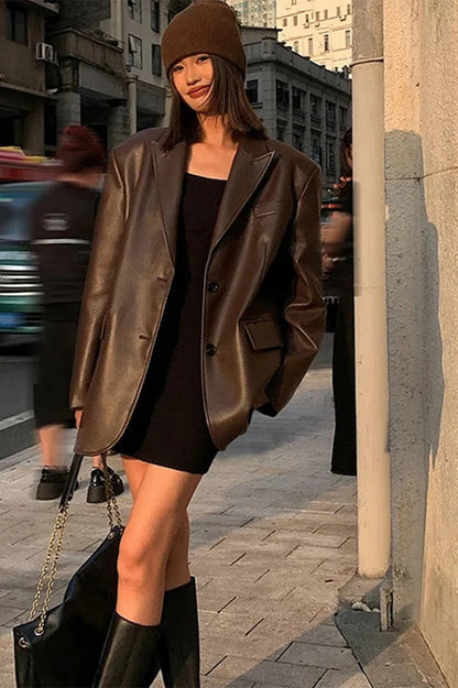 Black PU Leather Blazer Jacket