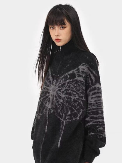 Butterfly Jacquard Turtleneck Warm Cashmere Cardigan Sweater
