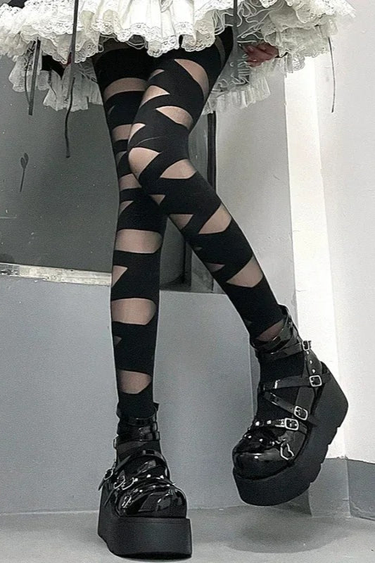 Gothic Punk Cross Strap Bandage Thigh High Socks