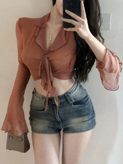 Lace Up Sheer Mesh Cropped Long Sleeve Blouse
