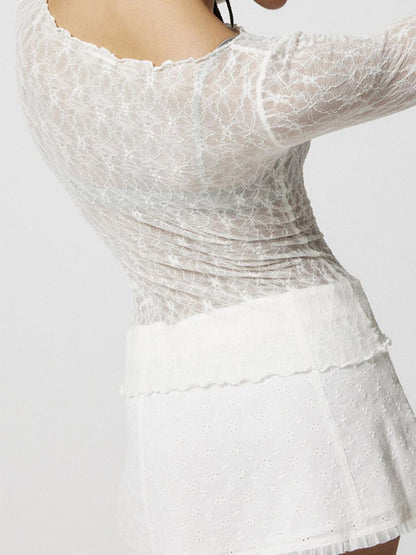 Perspective Lace Mesh Slim Long Sleeve Tee
