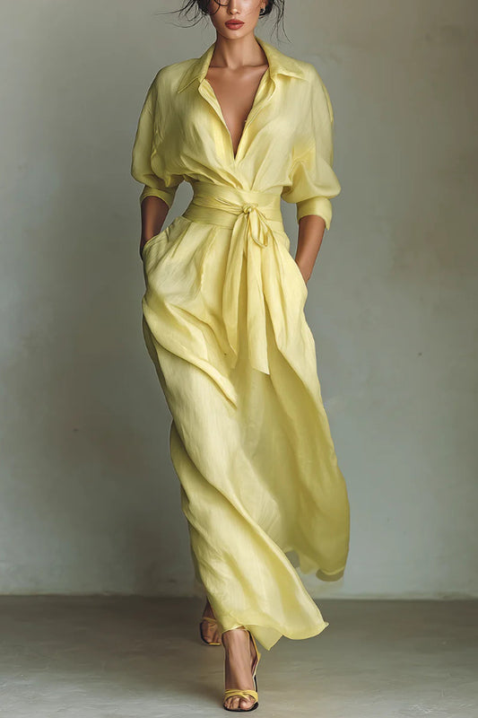 Solid Color Lapel Long Sleeve Casual Pocket Waist-cinching Maxi Dress