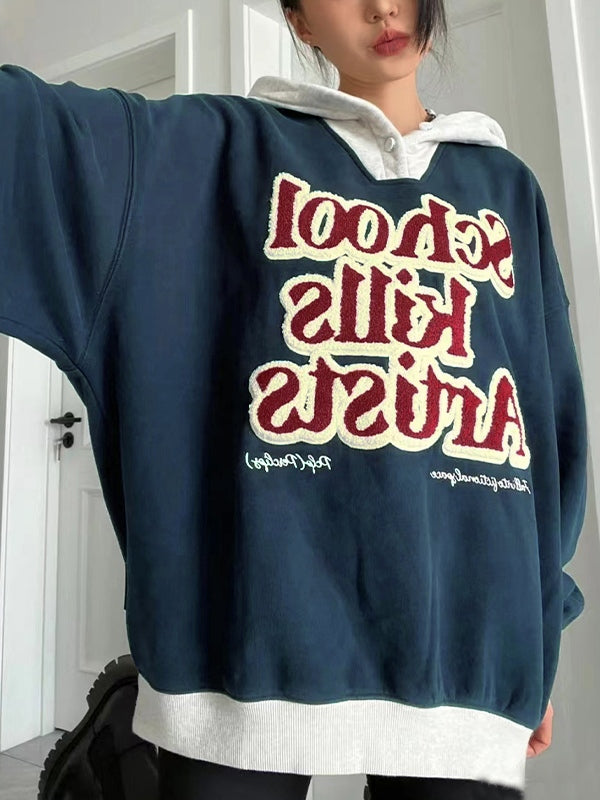 Contrast Color Flocking Letter Embroidery Oversized Hoodie