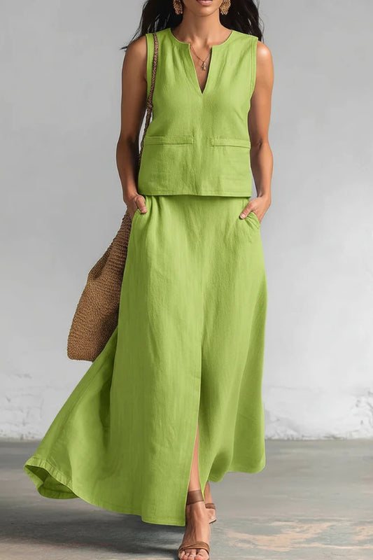 Linen Blend Loose V-neck Sleeveless Top and Elastic Waist Casual Pocket Midi Skirt Set