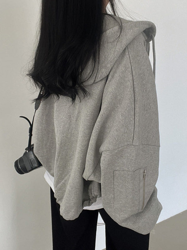 Star Letter Print Zipper Drawstring Hem Oversized Hoodie