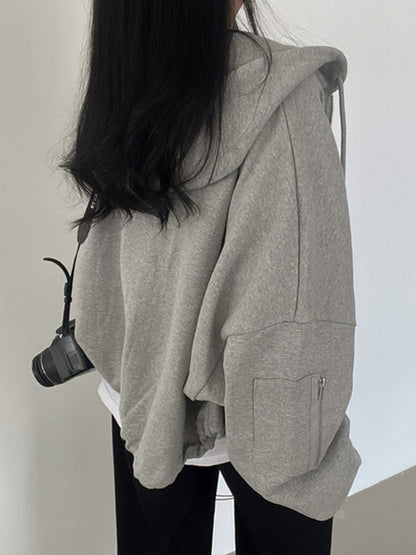 Star Letter Print Zipper Drawstring Hem Oversized Hoodie