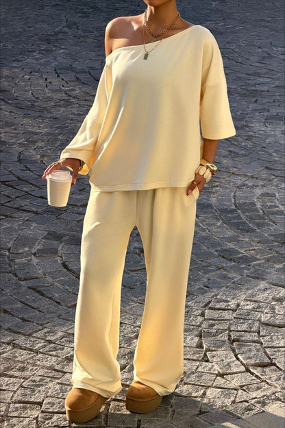 One Shoulder Crop Top Wide Leg Pants Set