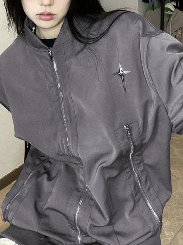 Solid Color Metal Star Decor Bomber Jacket