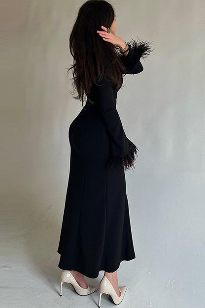 Feather Trim Bodycon Maxi Sweater Dress
