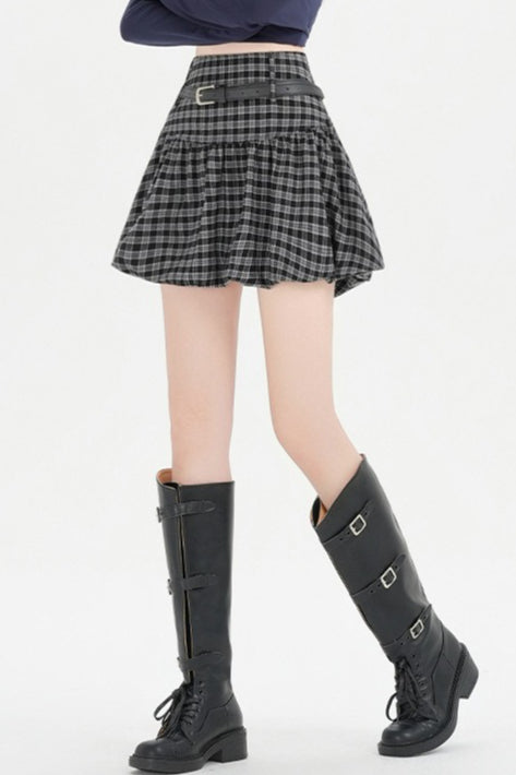 Plaid Bubble A-line Khaki Short Skirt
