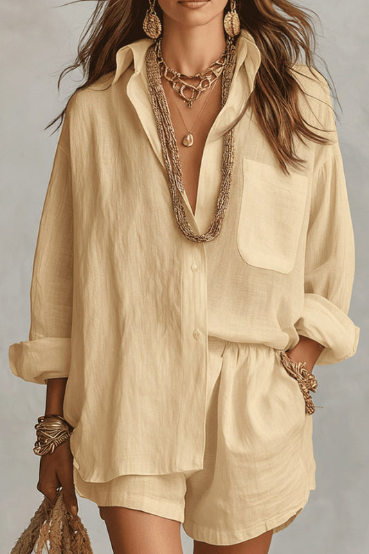 Linen Blend Loose-fitting Long-sleeved Collared Shirt and Elastic Waist Casual Pocket Shorts Set