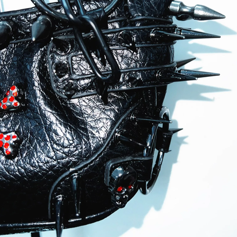 Metal chain o ring skull applique PU leather handbag  | Festival Outfits Women