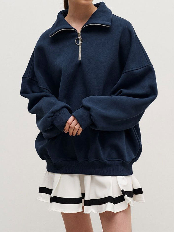 Solid Lapel Neck Half Zip Sweatshirt