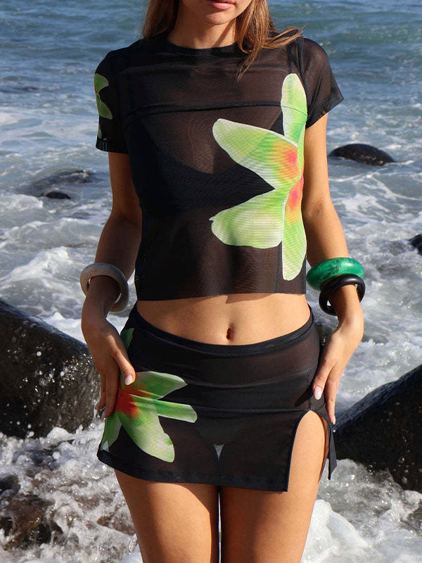 Mesh Flower Print Short Sleeve Tee & Slit Mini Skirt Set