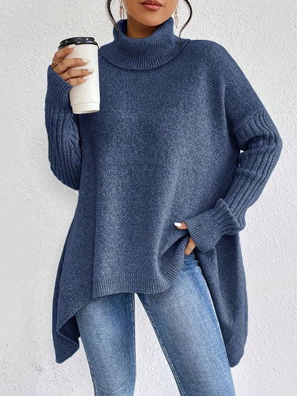 Jersey holgado de cuello alto con bajo asimétrico para mujer | Ideal para otoño/invierno