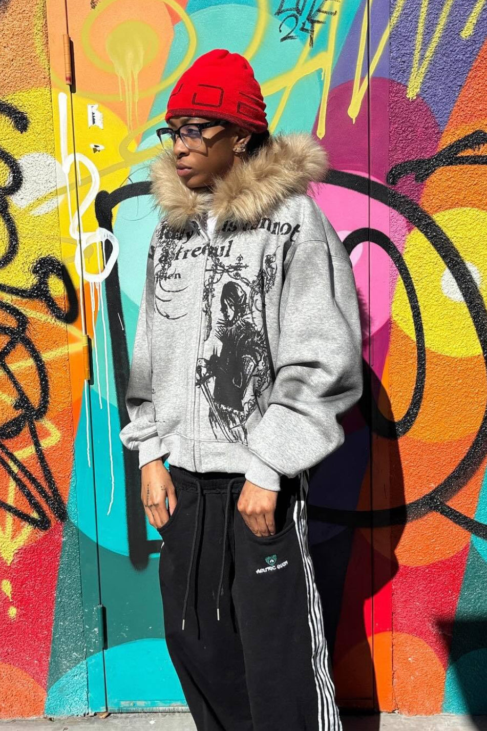 Street Print Fur Trimmed Relaxed Hoodie