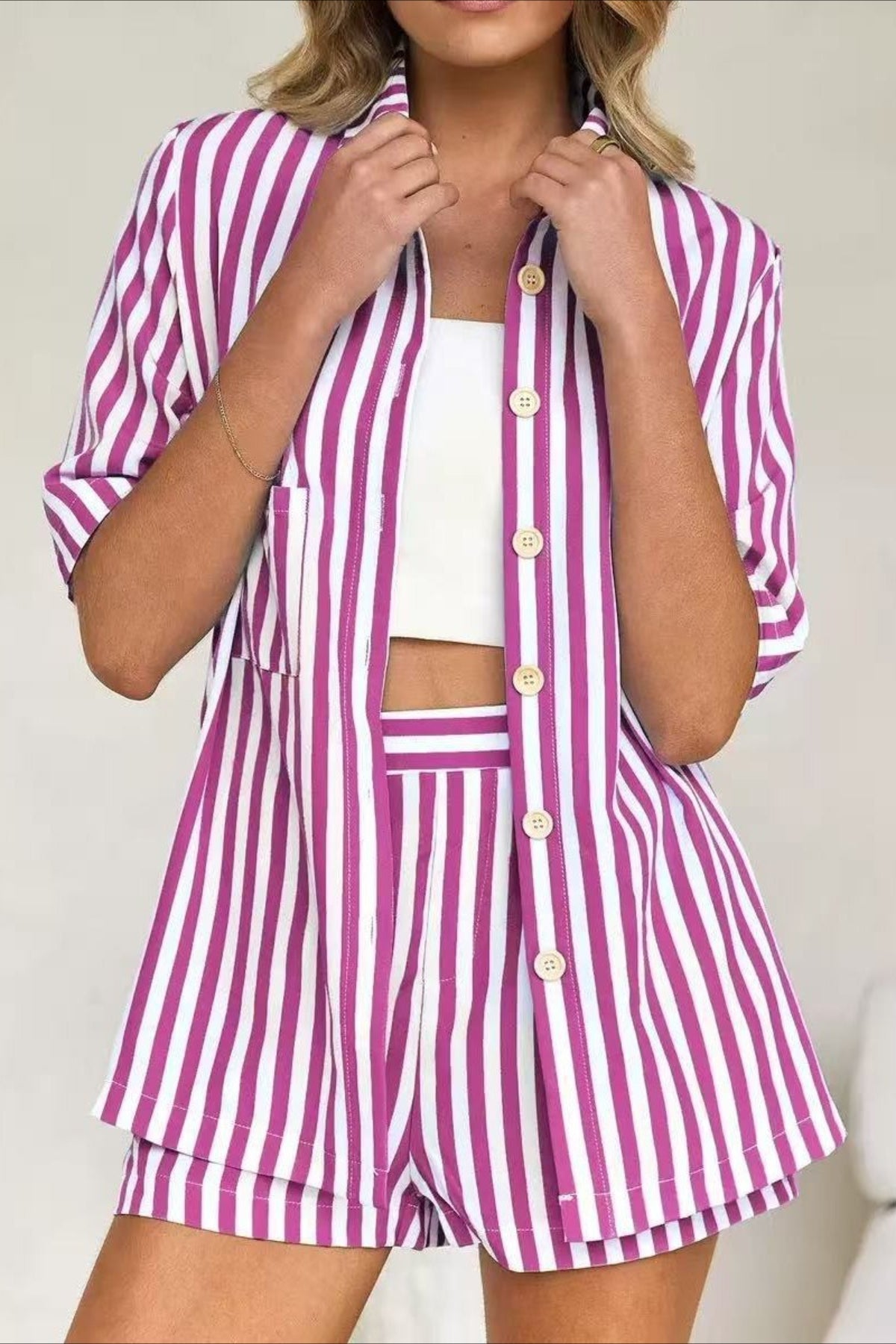 Button Down Striped Short Sleeve Blouse Shorts Set