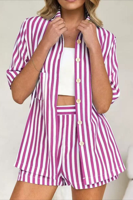 Button Down Striped Short Sleeve Blouse Shorts Set