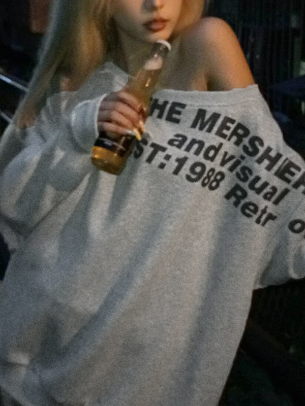 Long Sleeves With Slanted Shoulder Lettering Design Sweatshirts