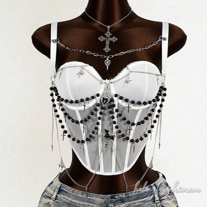 Metal chain beaded corset cami top