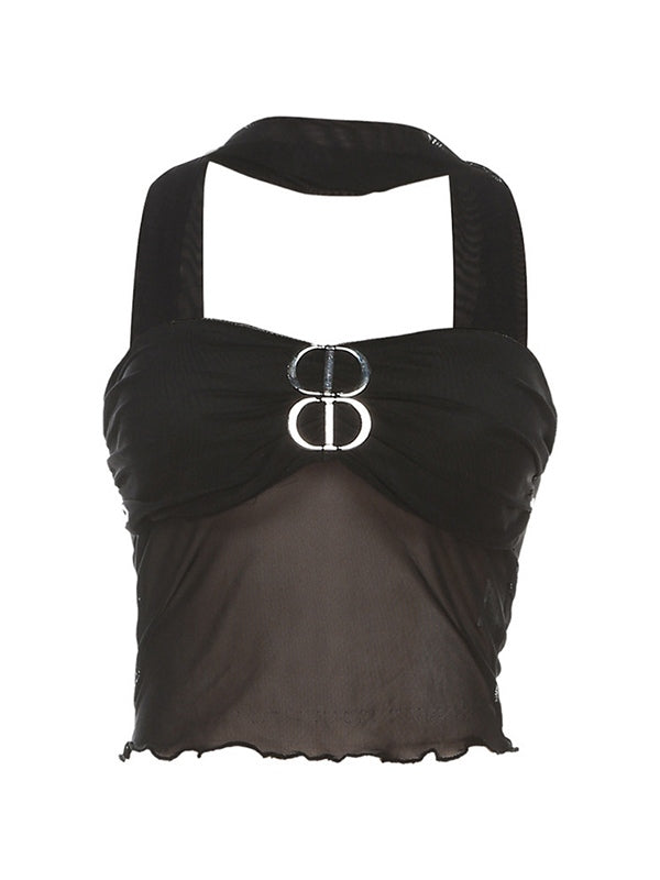 Low Cut Metal Decor Mesh Bandeau Top