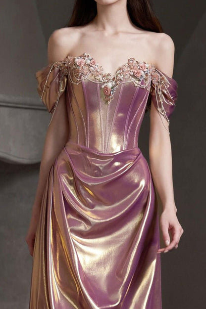 Off Shoulder Ruched Satin Elegant Prom Dress