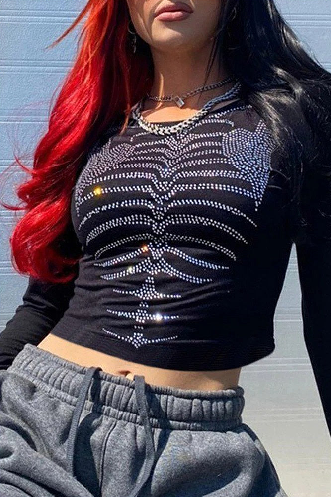 Punk Rhinestone Skull Long Sleeve Crop Top