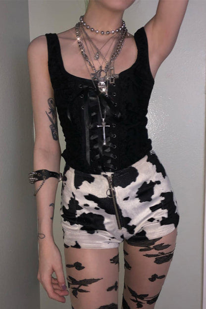 Knit Lace Square Neck Lace-Up Corset