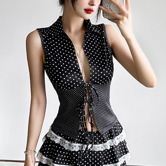 Self tie polka dot hollow out v neck cut out top  | Festival Outfits Women