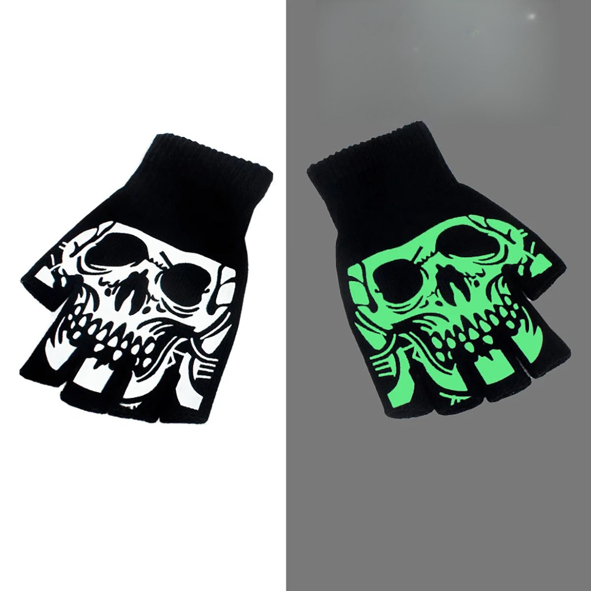 Winter Warm Black Skull Fingerless Gloves