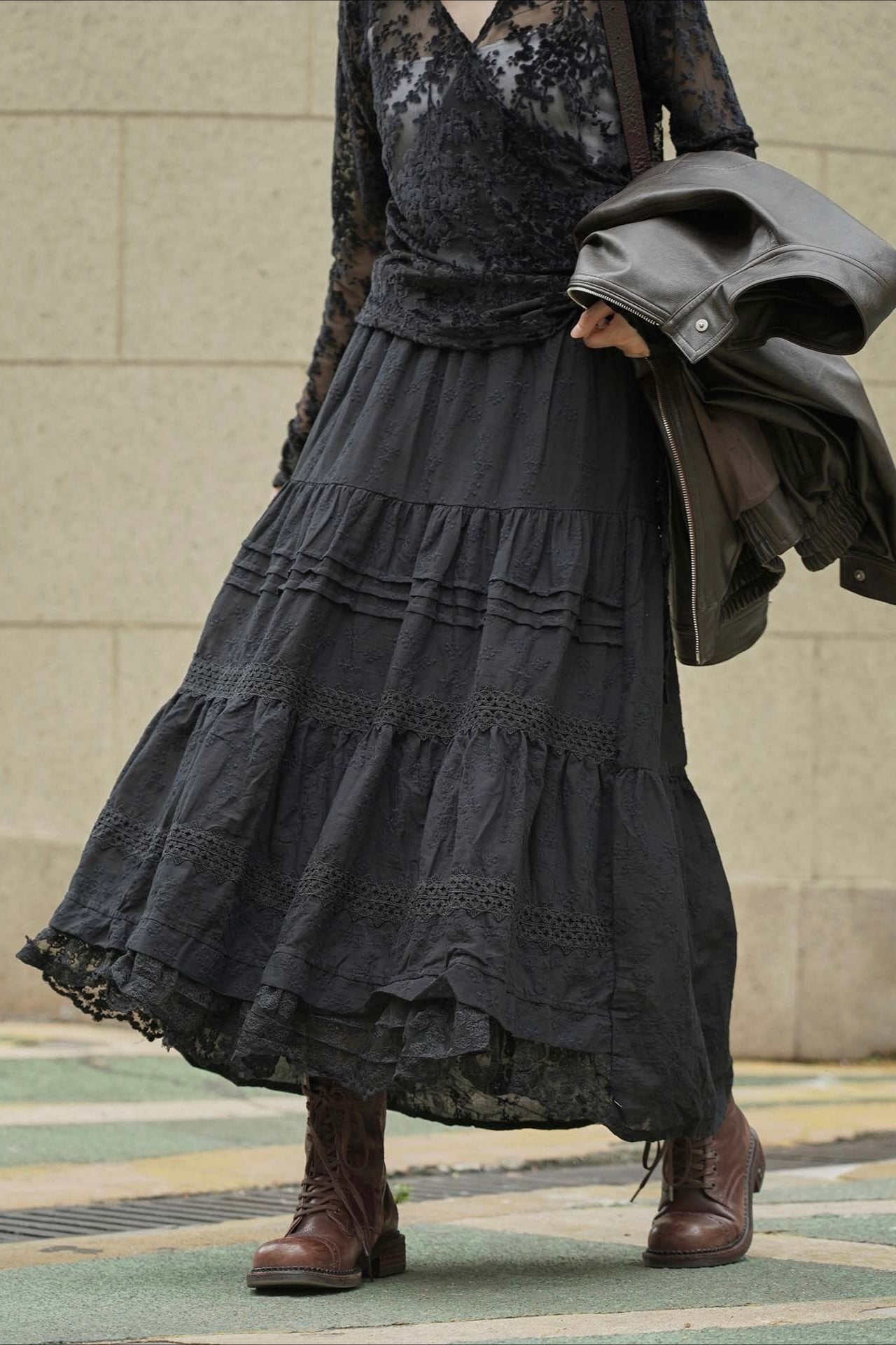 Slouchy Vintage Patchwork Floral Ruffle A-Line Maxi Skirt