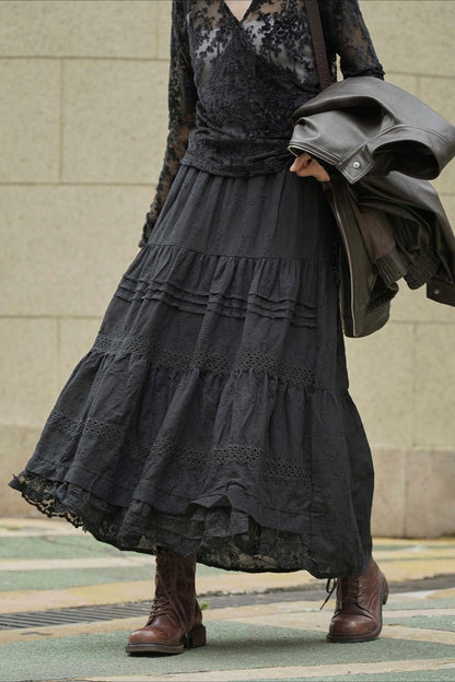 Slouchy Vintage Patchwork Floral Ruffle A-Line Maxi Skirt