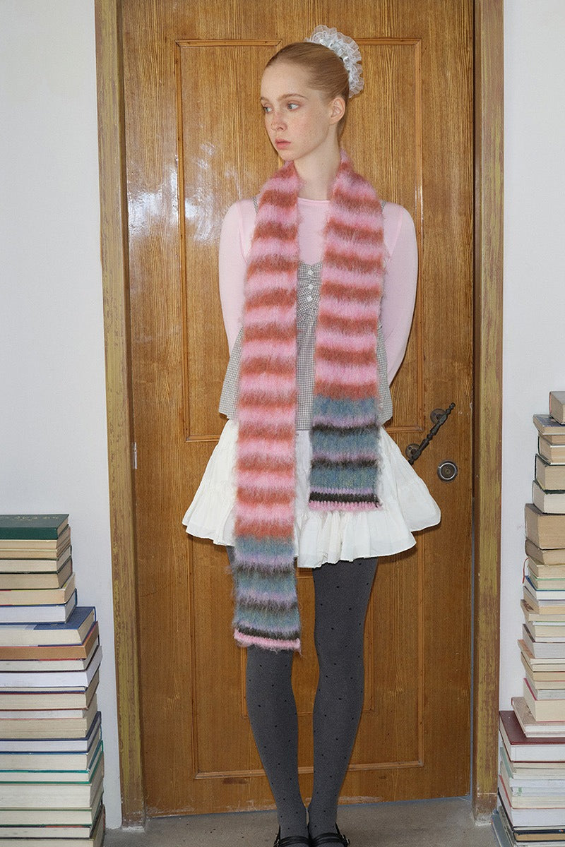Contrast Striped Narrow Soft Wool Blend Knitted Scarf