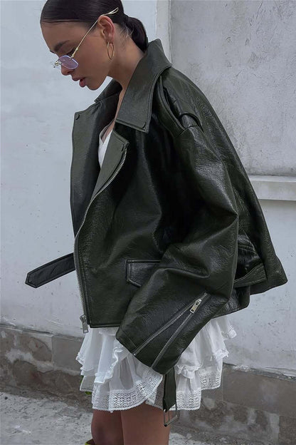 Zip Up Green Leather Moto Jacket