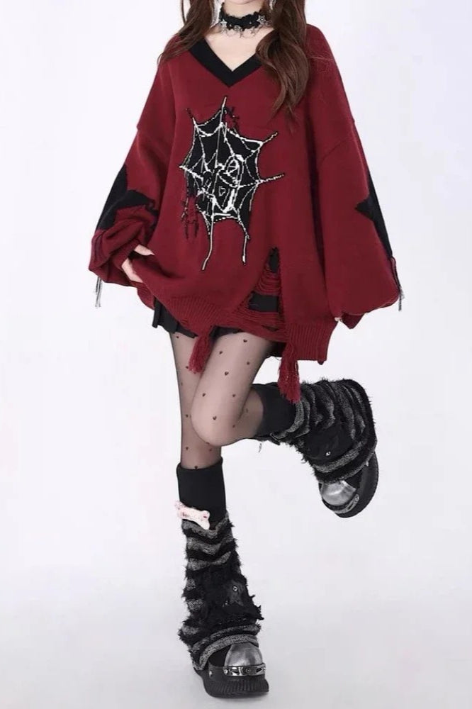 Y2K Harajuku Spider Web Jacquard Oversized Ripped V-neck Sweater