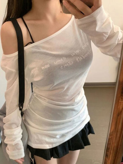 Letter Print One Shoulder Thin Long Sleeve Tee