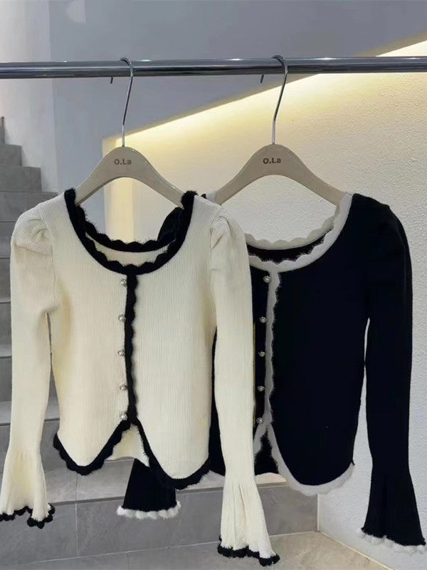 Contrast Color Scallop Trim Puff Sleeve Cardigan
