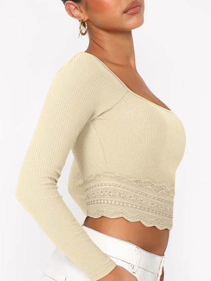 Solid Color Lace Hem Square Neck Crop Long Sleeve Knit