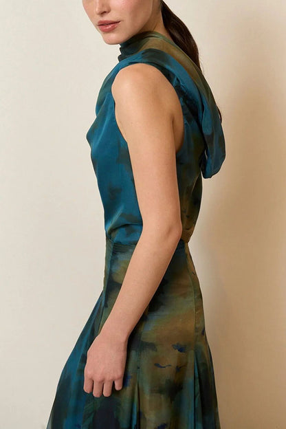 Ione Chiffon Ombré Print Cowl Neck Top and High Rise Maxi Skirt Set with Scarf