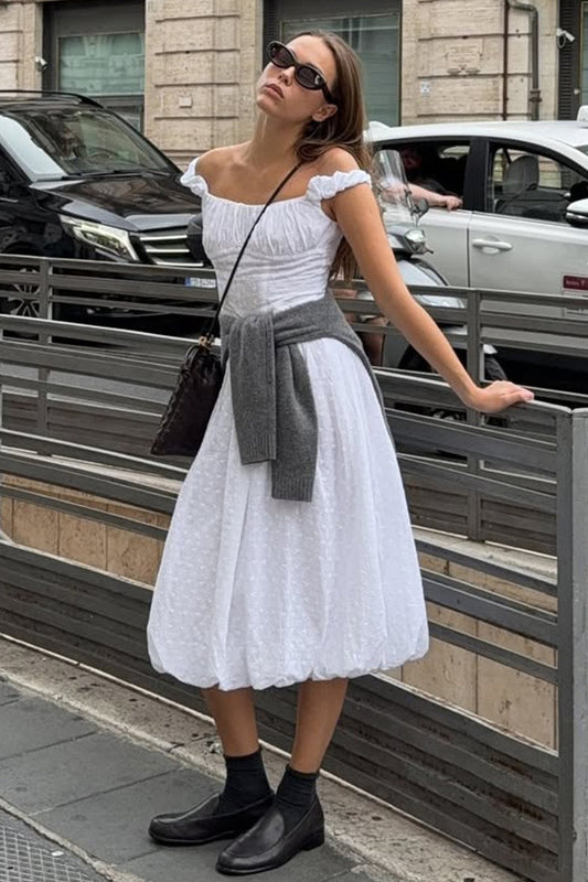 Jacquard Off Shoulder Embroidery Midi Dress