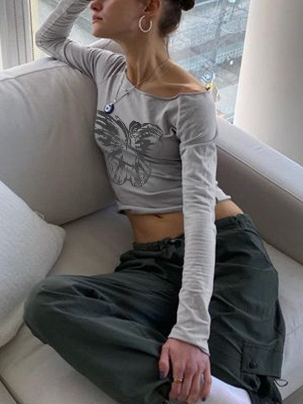 Vintage Butterfly Print Slanted Shoulder Long Sleeve Tee