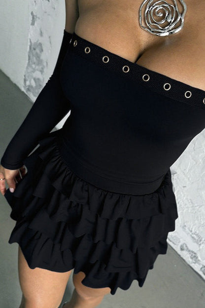 Vintage Long Sleeve Off Shoulder Mini Dress