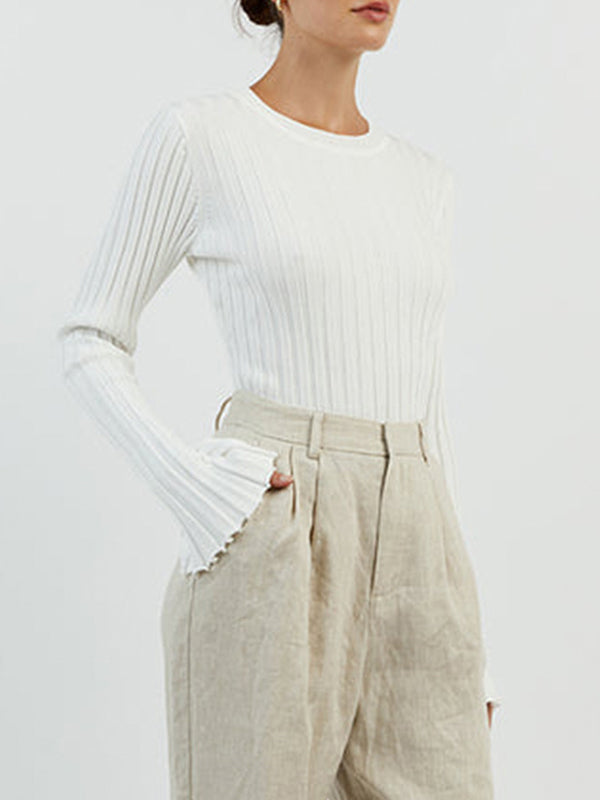 Solid Ribbed Crew Neck Long Sleeve Knit