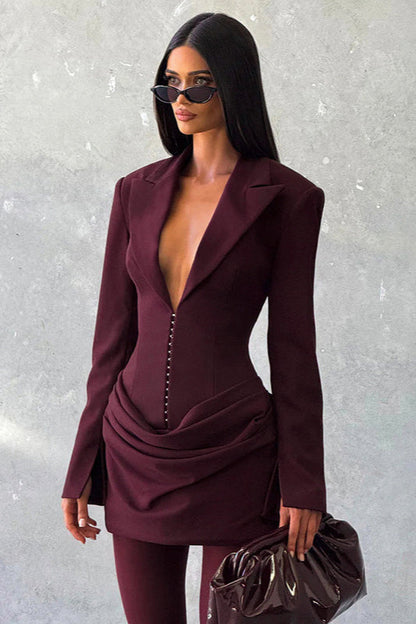Solid Tailored Deep V Neck Slim Waist Mini Dress