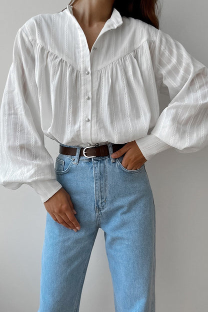 White Cotton Jacquard Stand Collar Blouse