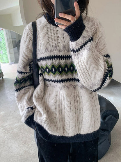 Vintage Jacquard Cable Knit Pullover Sweater