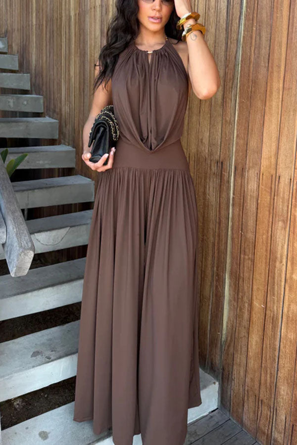 Lightweight Chic Metal Ring Drape Cowl Halter Neck Stretch Bodysuit