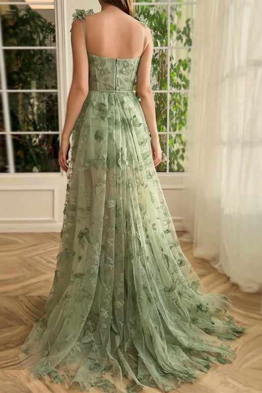 Sheer Tulle Spaghetti Strap High Slit Party Dress
