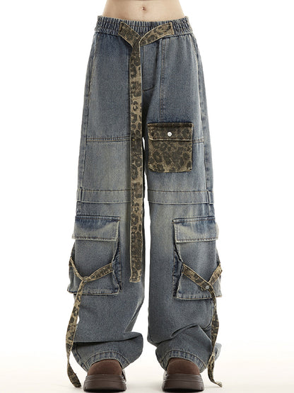 Vintage leopard print multi-pocket straps Cargo Jeans