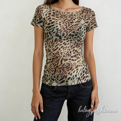 Short sleeve crewneck print sheer mesh top